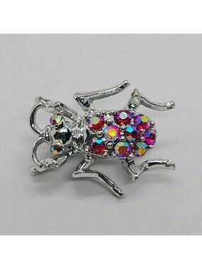 Red AB Rhinestone Beetle Bug Insect Brooch Pin 1 1/4" Silver Tone